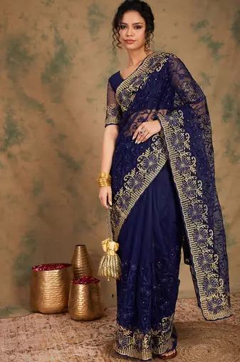 Navy Blue Color Embroderied Work Net Saree With Blouse