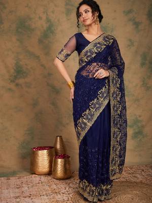 Navy Blue Color Embroderied Work Net Saree With Blouse 3
