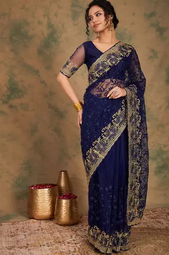 Navy Blue Color Embroderied Work Net Saree With Blouse