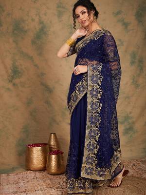 Navy Blue Color Embroderied Work Net Saree With Blouse 4