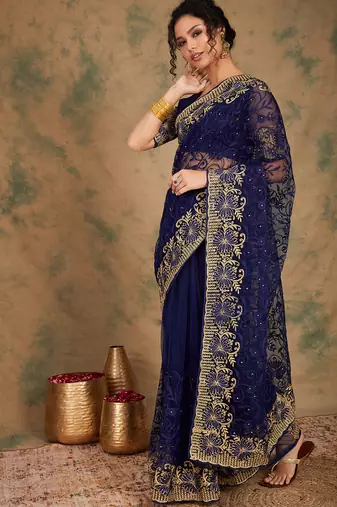 Navy Blue Color Embroderied Work Net Saree With Blouse