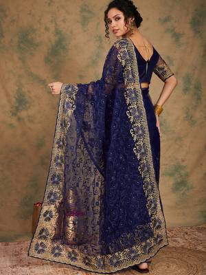 Navy Blue Color Embroderied Work Net Saree With Blouse 5