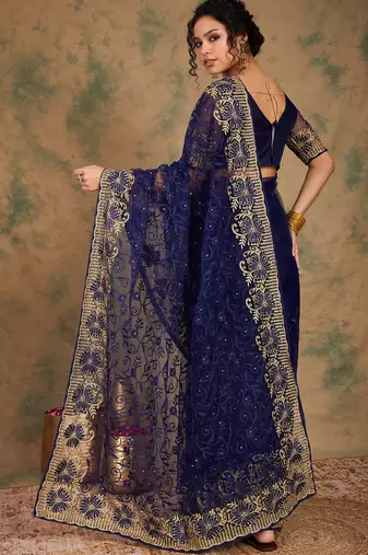 Navy Blue Color Embroderied Work Net Saree With Blouse
