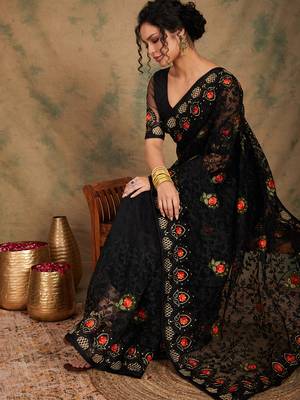 Black Color Embroderied Work Net Saree With Blouse 1