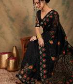 Black Color Embroderied Work Net Saree With Blouse