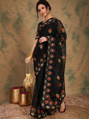 Black Color Embroderied Work Net Saree With Blouse 2