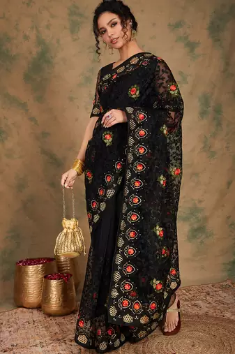 Black Color Embroderied Work Net Saree With Blouse