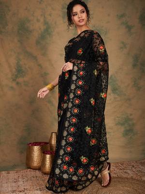 Black Color Embroderied Work Net Saree With Blouse 3