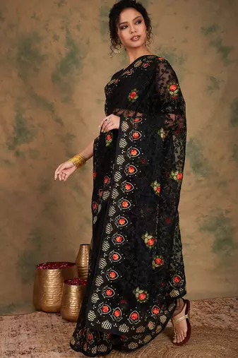 Black Color Embroderied Work Net Saree With Blouse