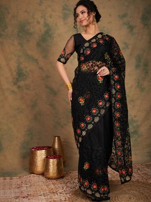 Black Color Embroderied Work Net Saree With Blouse 4