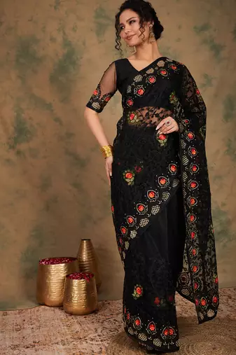 Black Color Embroderied Work Net Saree With Blouse