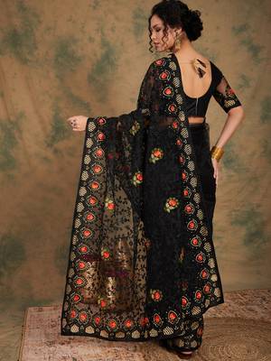 Black Color Embroderied Work Net Saree With Blouse 5
