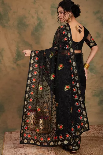 Black Color Embroderied Work Net Saree With Blouse