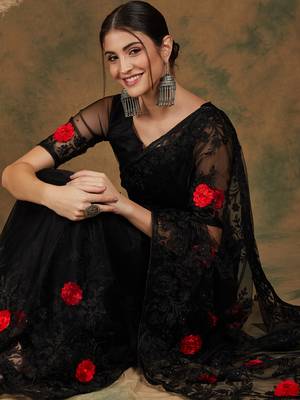 Black Color Embroderied Work Net Saree With Blouse 1