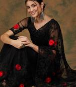Black Color Embroderied Work Net Saree With Blouse
