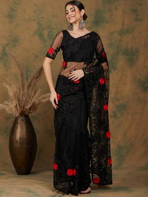 Black Color Embroderied Work Net Saree With Blouse 2