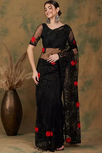 Black Color Embroderied Work Net Saree With Blouse