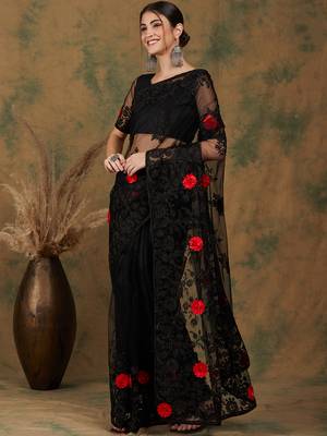 Black Color Embroderied Work Net Saree With Blouse 3