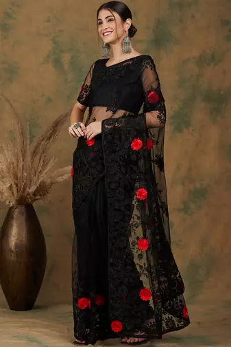 Black Color Embroderied Work Net Saree With Blouse