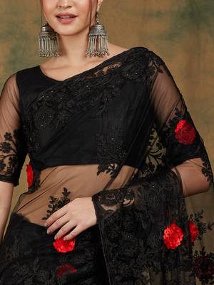 Black Color Embroderied Work Net Saree With Blouse 4