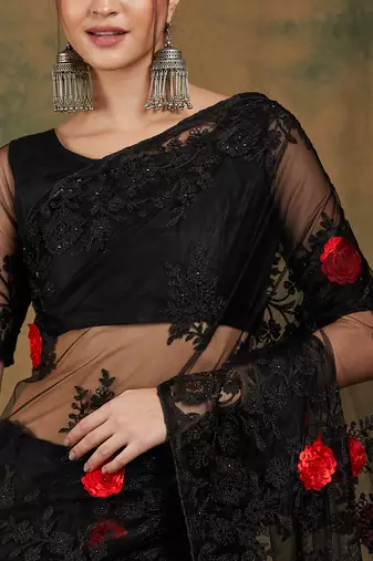 Black Color Embroderied Work Net Saree With Blouse