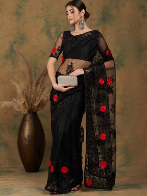 Black Color Embroderied Work Net Saree With Blouse 5