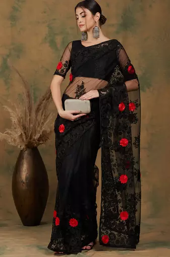 Black Color Embroderied Work Net Saree With Blouse