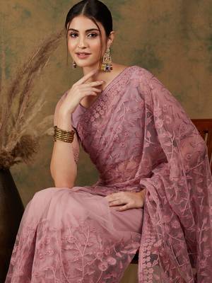 Dusty Pink Color Embroidered Work Net Saree With Blouse 1