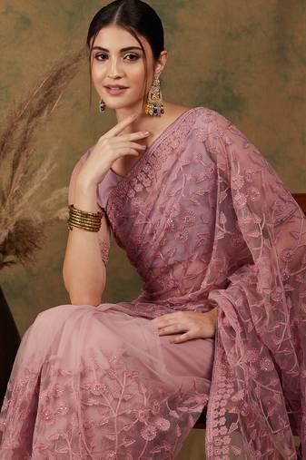 Dusty Pink Color Embroidered Work Net Saree With Blouse