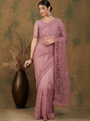 Dusty Pink Color Embroidered Work Net Saree With Blouse 2