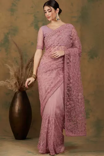 Dusty Pink Color Embroidered Work Net Saree With Blouse