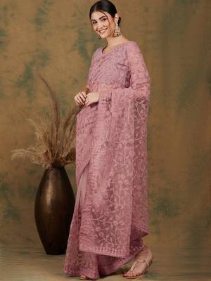 Dusty Pink Color Embroidered Work Net Saree With Blouse 3