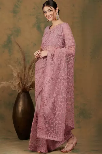 Dusty Pink Color Embroidered Work Net Saree With Blouse