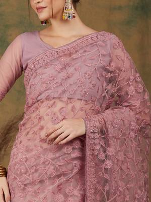 Dusty Pink Color Embroidered Work Net Saree With Blouse 4