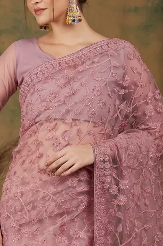 Dusty Pink Color Embroidered Work Net Saree With Blouse