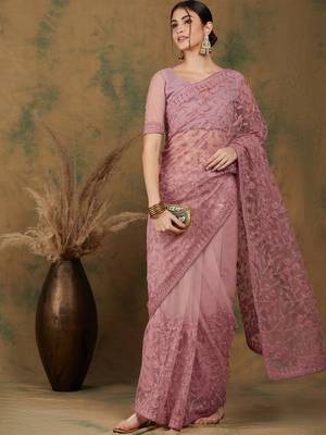Dusty Pink Color Embroidered Work Net Saree With Blouse 5