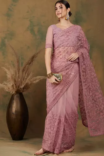 Dusty Pink Color Embroidered Work Net Saree With Blouse