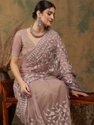Beige Color Embroidered Work Net Saree With Blouse 1