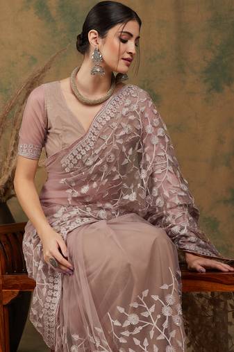Beige Color Embroidered Work Net Saree With Blouse