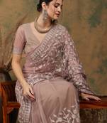 Beige Color Embroidered Work Net Saree With Blouse
