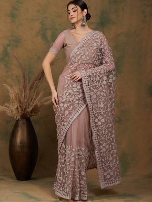 Beige Color Embroidered Work Net Saree With Blouse 2
