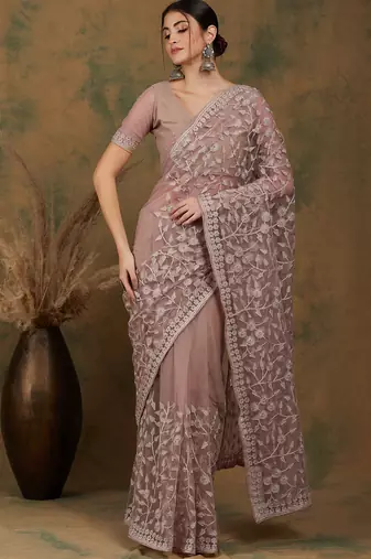 Beige Color Embroidered Work Net Saree With Blouse
