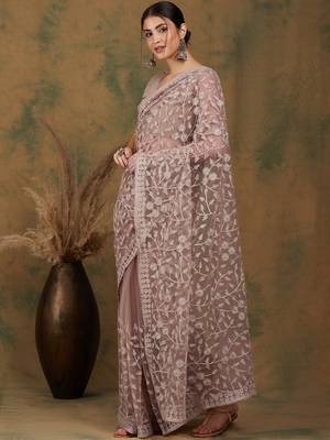 Beige Color Embroidered Work Net Saree With Blouse 3