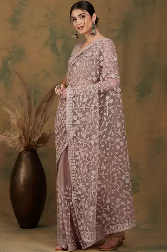 Beige Color Embroidered Work Net Saree With Blouse