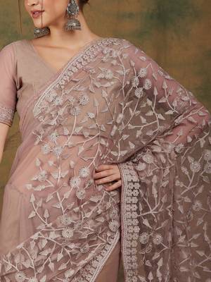 Beige Color Embroidered Work Net Saree With Blouse 4