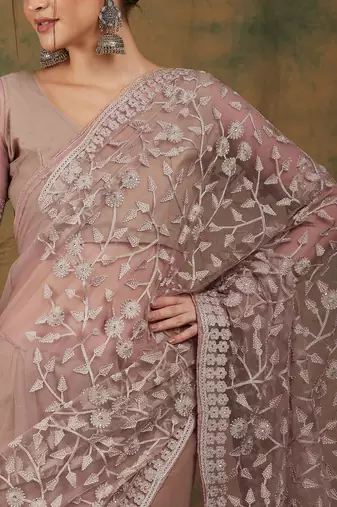 Beige Color Embroidered Work Net Saree With Blouse