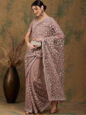 Beige Color Embroidered Work Net Saree With Blouse 5