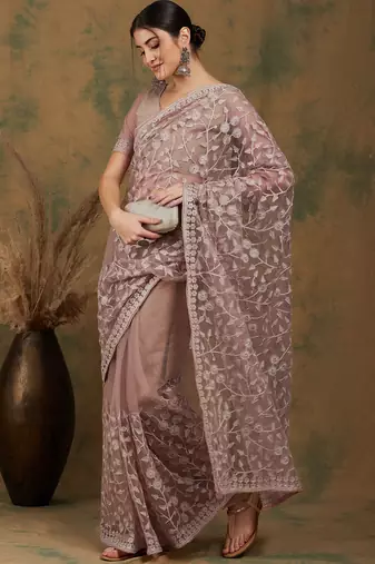 Beige Color Embroidered Work Net Saree With Blouse