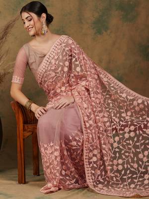 Peach Color Embroidered Work Net Saree With Blouse 1