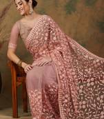 Peach Color Embroidered Work Net Saree With Blouse